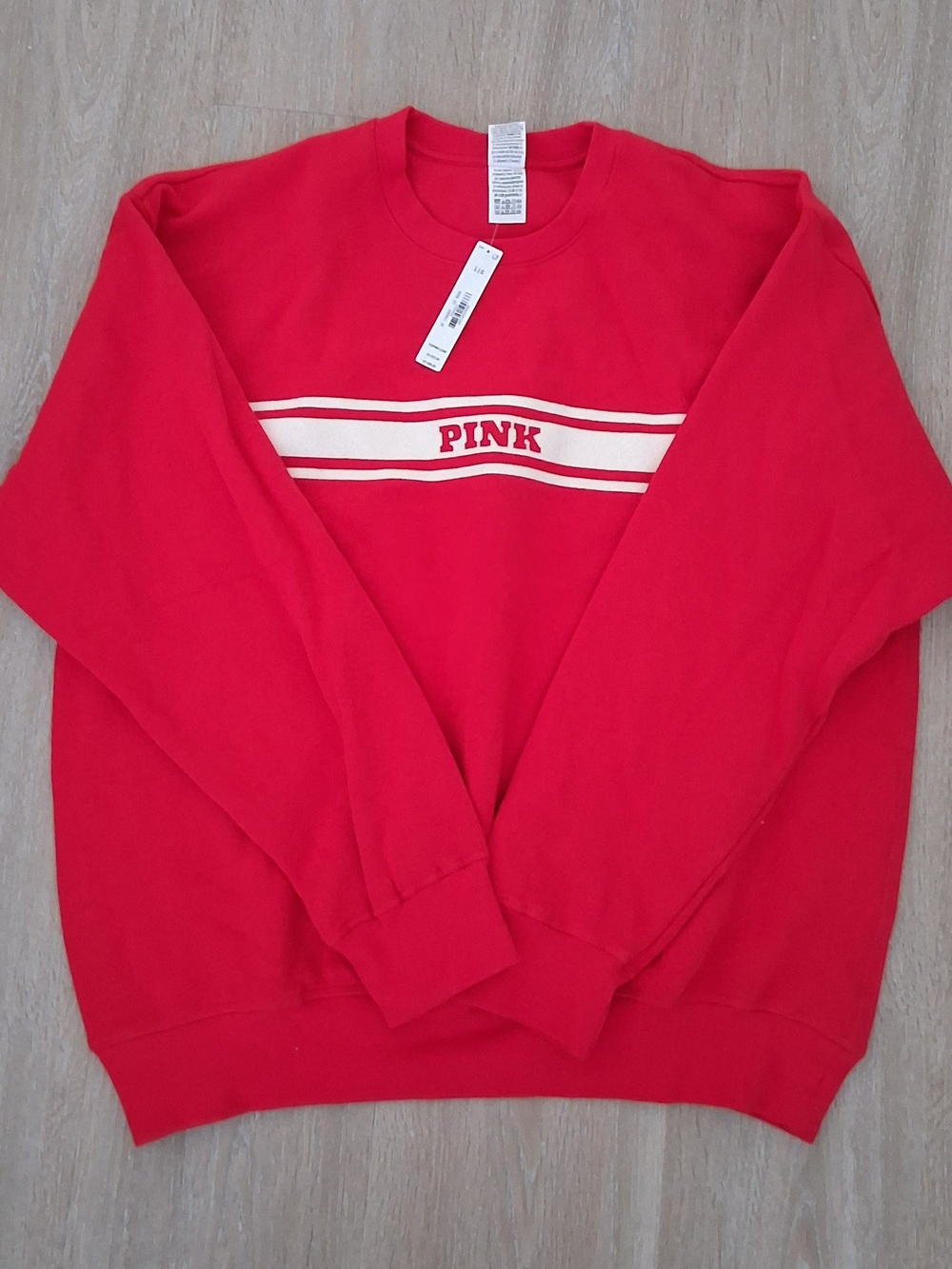 PINK Red Sweatshirt with Cream Stripe Detail - Picture 2 of 7